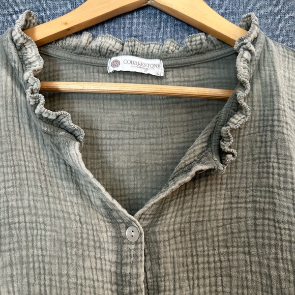 Cobblestone Living Sage Blouse with Ruffle Collar Made In Italy 100% Cotton - Picture 3 of 6